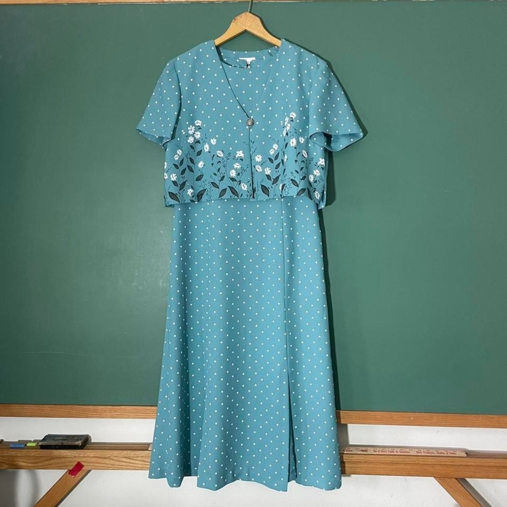 Vintage blue polka dot dress and bolero set with floral pattern